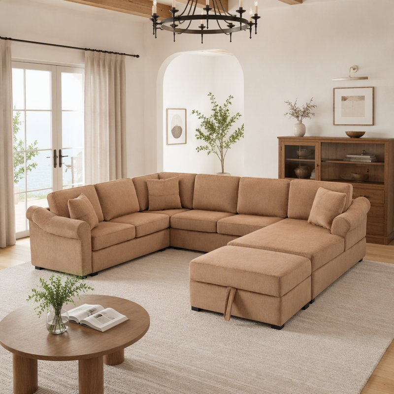 Canapé modulaire Canapé modulaire rembourré en chenille de 109,8 po en U avec repose-pieds de rangement mobile pour le salon, brun
