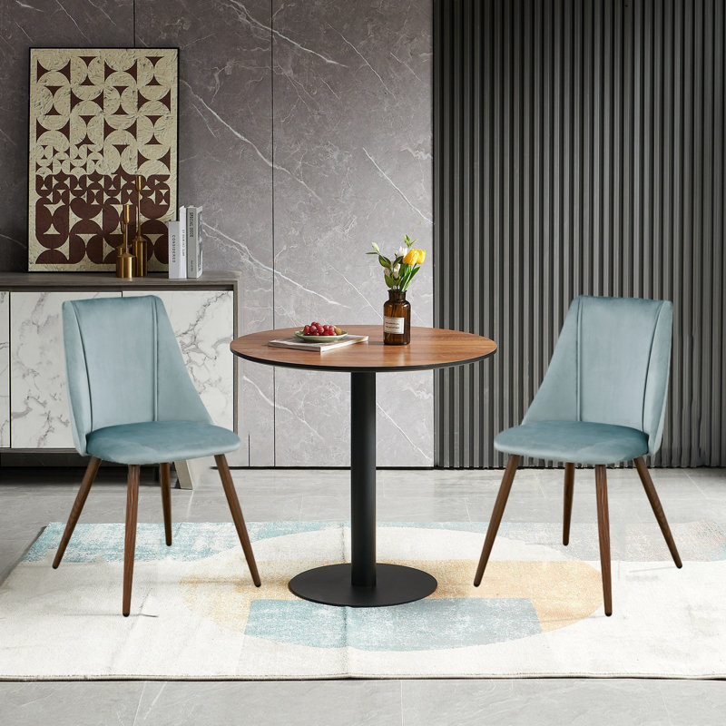 Compact 3-Piece Dining Set For Small Spaces, Round Dining Table With 2 Velvet Dining Chairs (Walnut), Lake Green