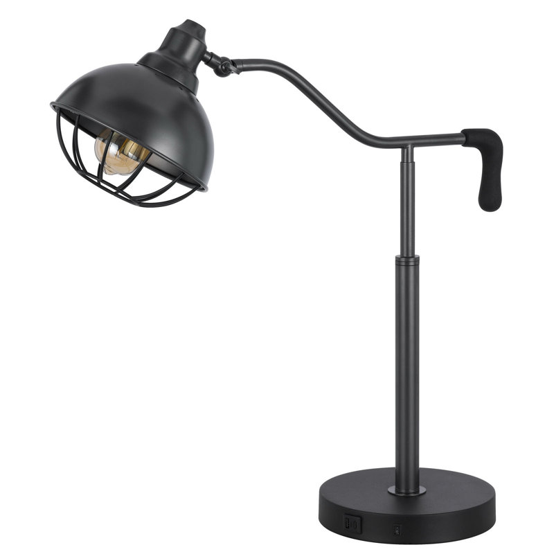 Lampe de bureau Taloga en métal - 68,5 cm (27 po) de hauteur, en fer noir avec abat-jour grillagé réglable, 60 W, culot E26, 1 port de charge USB et 1 port USB-C, base lestée. Ampoule non incluse.