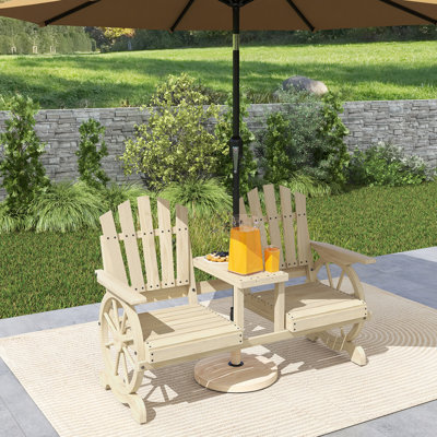 Banc de jardin en bois avec table, trou pour parasol, banc d'extérieur à roulettes 2 places, dossier haut, accoudoirs pour la cour, patio