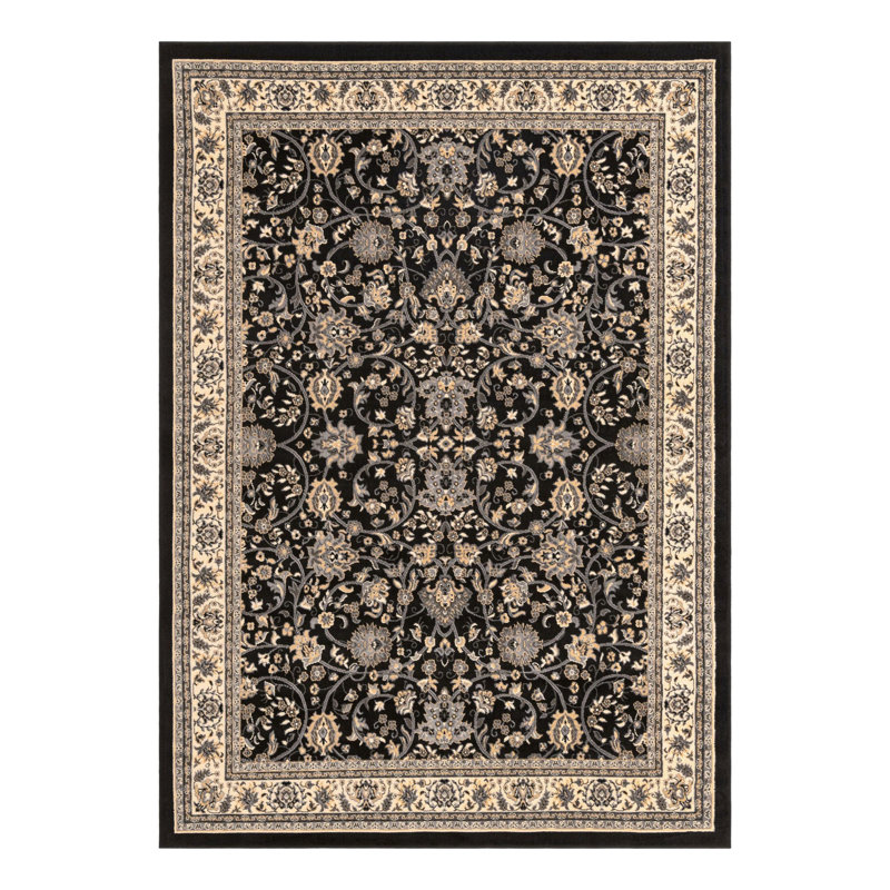 Tapis noir à motif floral Hanan, Black, Rectangle 7'10" x 11'