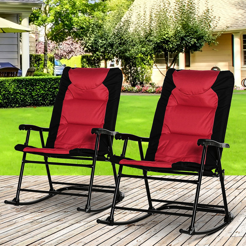 Patio Furniture 2 Piece - Red Folding Rocking Chairs For Outdoor Spaces Porch, Camping, Balcony Breathable Cloth, Stable Base Ones. For Balcony. Ergonomic , Comfortable Cushion, Fabric, 265 Lbs Max