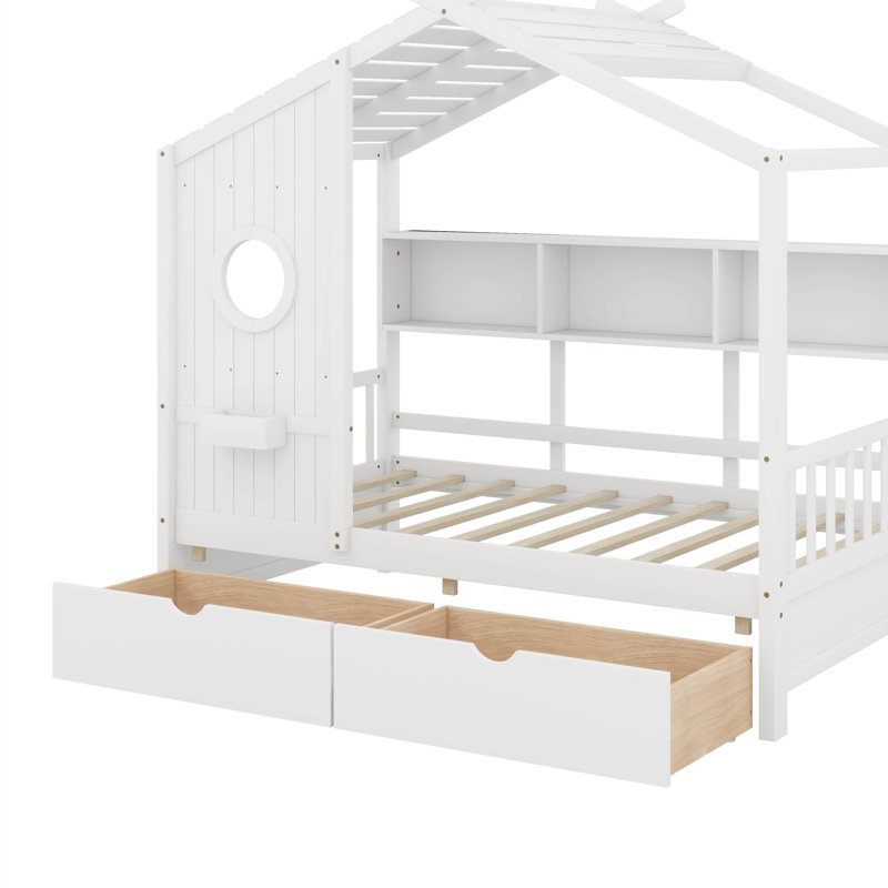 Lit en bois avec tablette de rangement et tiroirs, Lit simple, Blanc
