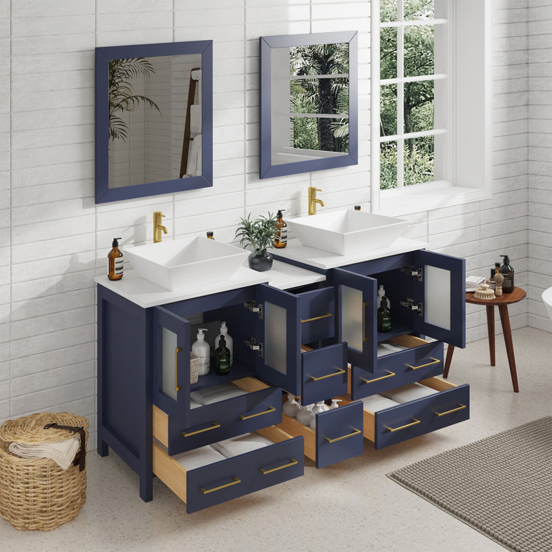  Ensemble de meuble-lavabo double 60 "avec miroir 60", Bleu
