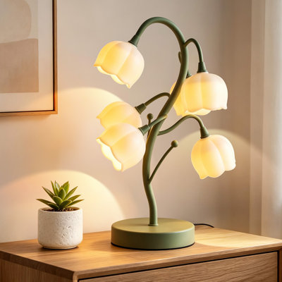 Green Flower Vintage Table Lamp for Home, 6 Lily of The Valley Bedside Decor Lamp with USB Port, Nightstand Light for Bedroom Living Room Office