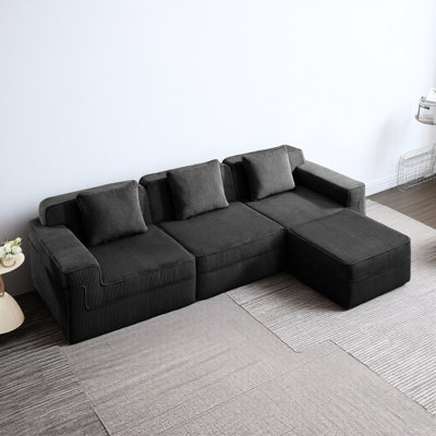 Canapé modulaire en forme de L à 3 places (velours côtelé noir), avec une texture douce semblable à un nuage + un siège profond, des coussins et un repose-pieds amovible, convient au style de maison moderne