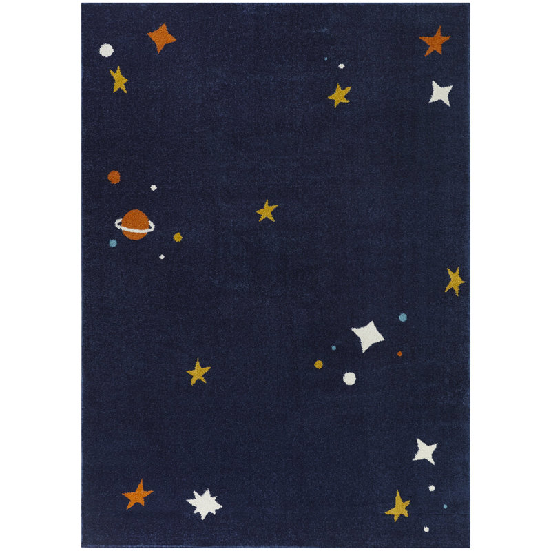 Roder Navy Blue/Yellow/Orange Rug, Rectangle 3'11" x 5'7"