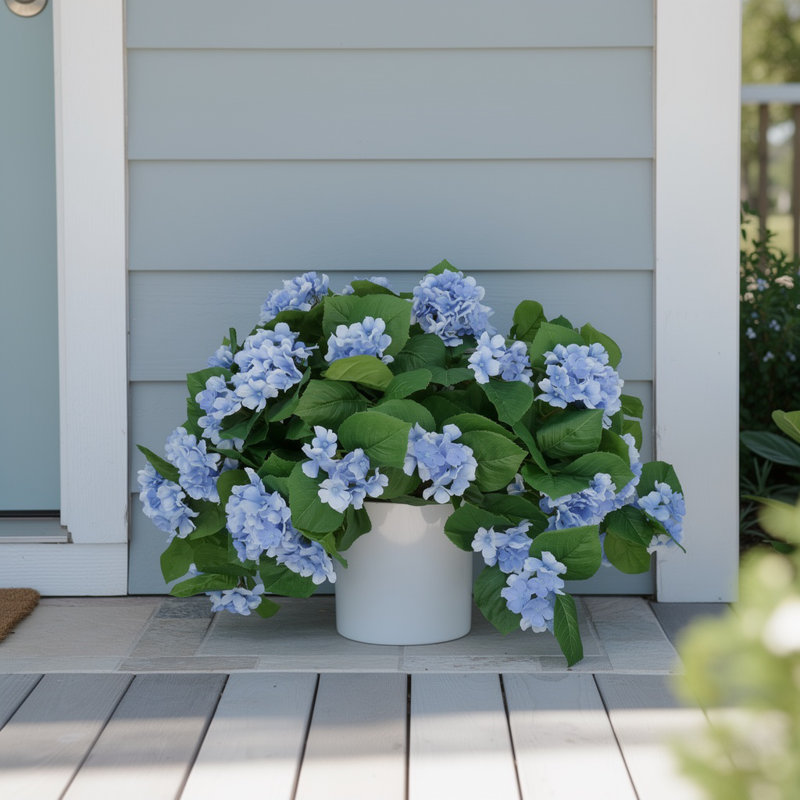 Outdoor UV Hydrangeas Arranged in Fiberstone Pot, Blue