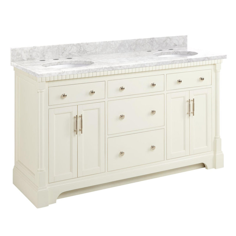 Claudia 60" Mahogany Double Basin Vanity Set with Cabinet, Vanity Top, Carrara Marble, White