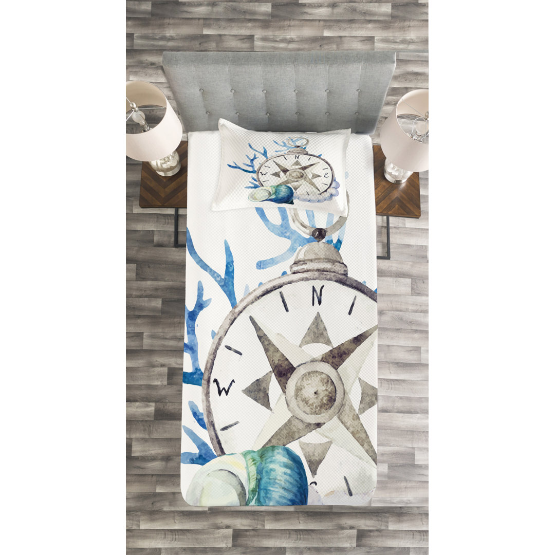 Gestepptes Bettdecken-Set, Aquarell Wasser, Kompass, Marineblau Eggshell