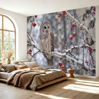 Wall Mural Peel and Stick Wallpaper Barred Owl Red Berries Self-Adhesive Removable Contact Paper Wall Decor for Living Room Bedroom 69"H x 96"W