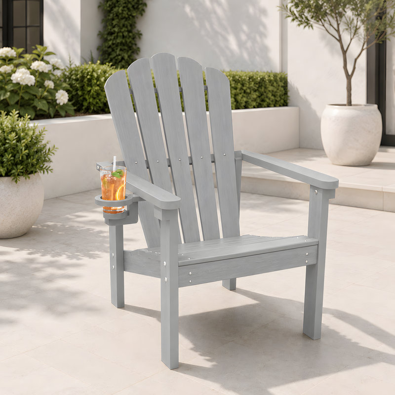 Set of 2 HDPE Stackable Adirondack Chairs with Cup Holders, All-Weather Outdoor Patio Chairs, Gray