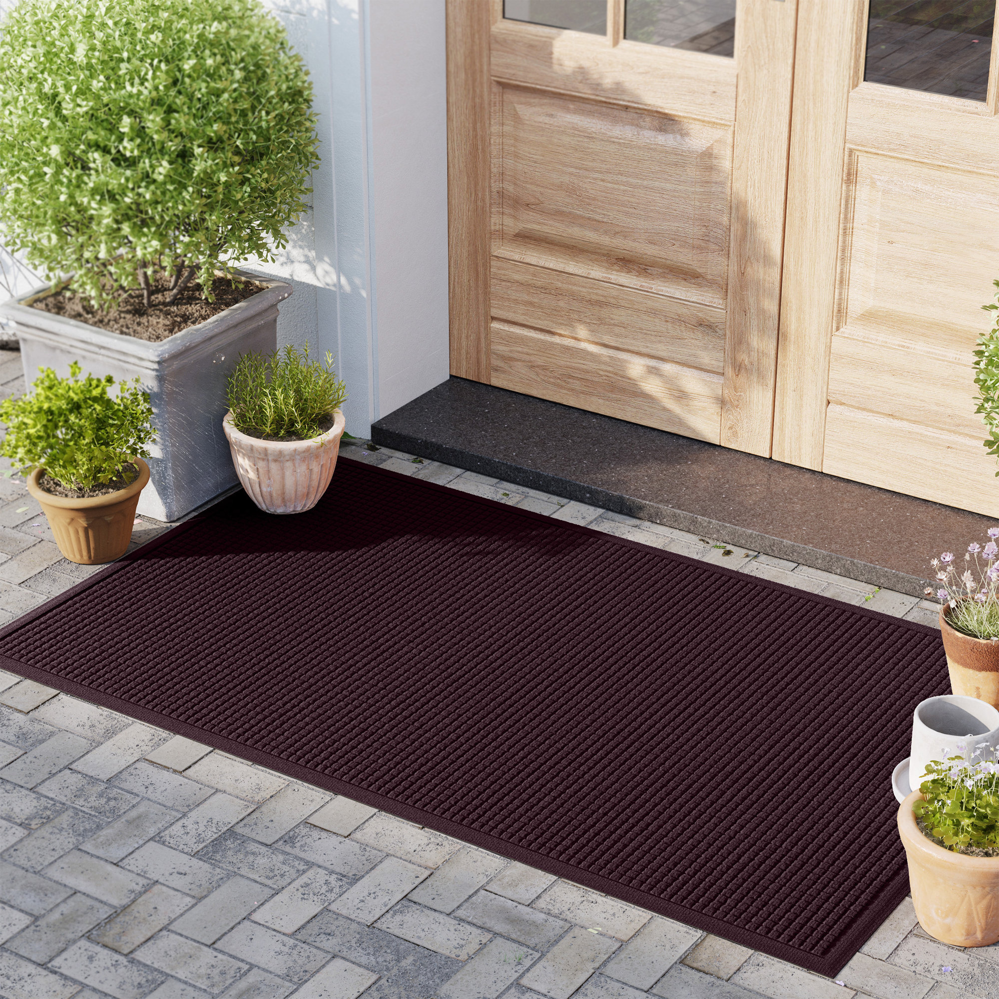 WaterHog Squares Indoor Outdoor Door Mat, Rectangle 3' x 5', Bordeaux