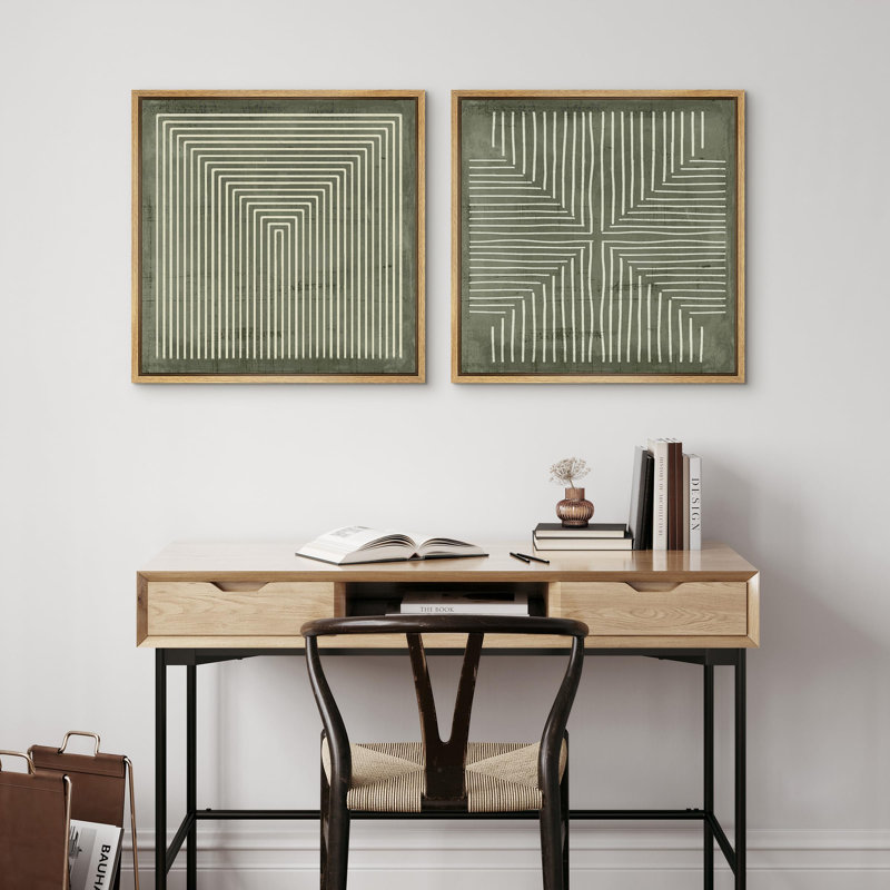 Geometric Abstract Line Minimalist - Framed Canvas Master Bedroom Wall Art Work 2 Pieces Print, Green, 24" H x 24" W x 1.5" D