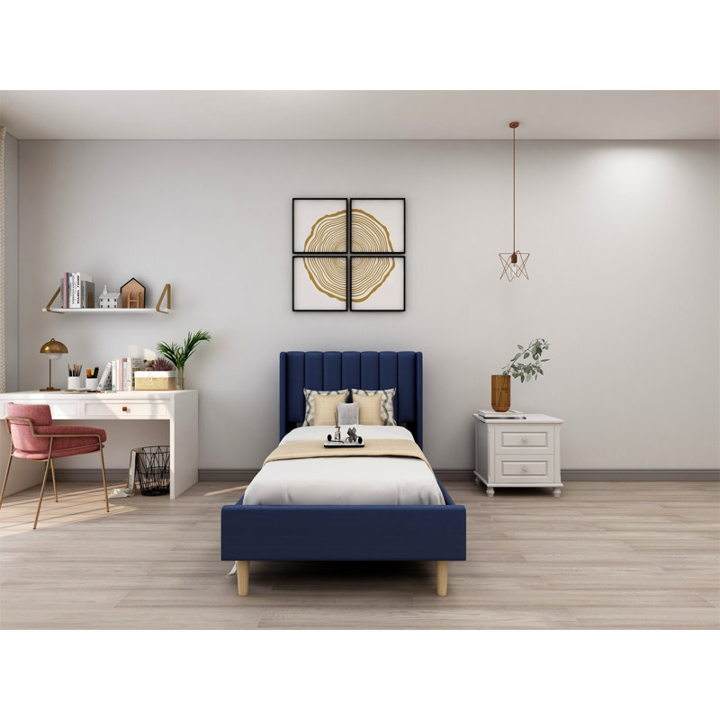Lit plateforme tapissier avec tête de lit à oreilles Eriksay, Simple, Lin bleu foncé