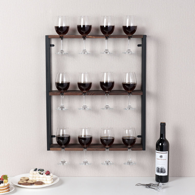 Metal/Solid Wood Wall Mounted Wine Glass Rack in Black/Brown 