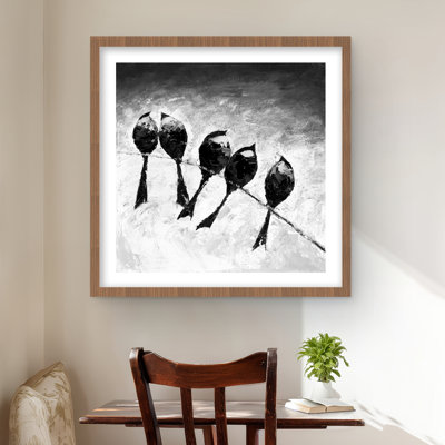 Five Birds Perched - White Living Room Framed Print Decor