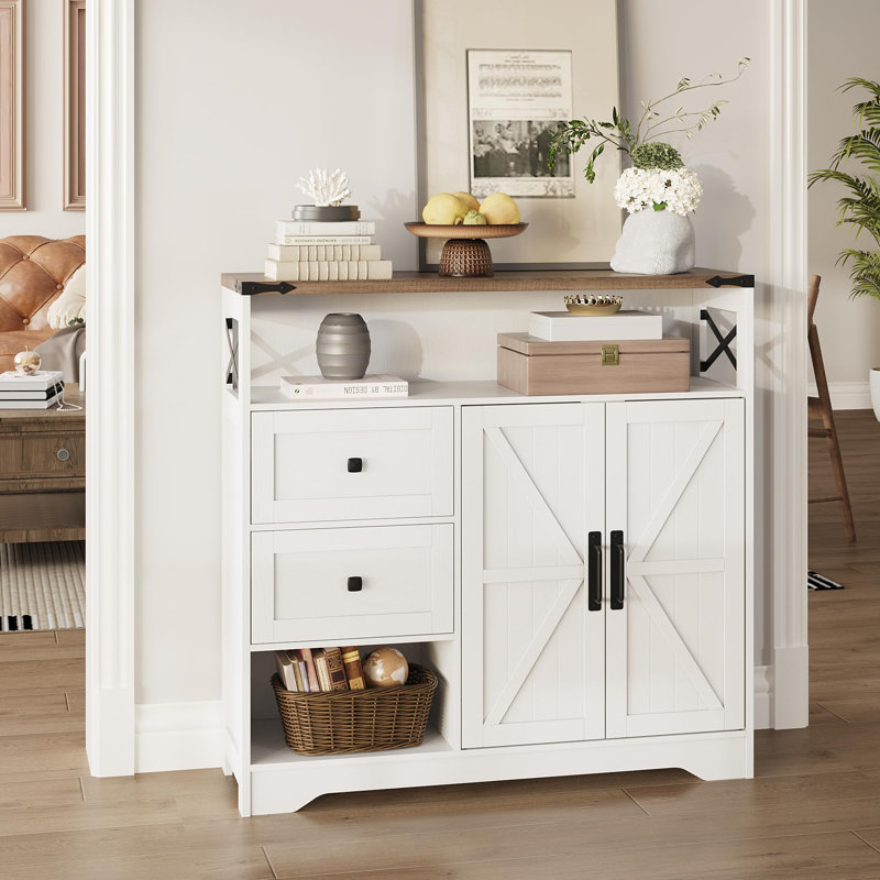 Farmhouse Storage Cabinet With Drawers And Open Storage, White