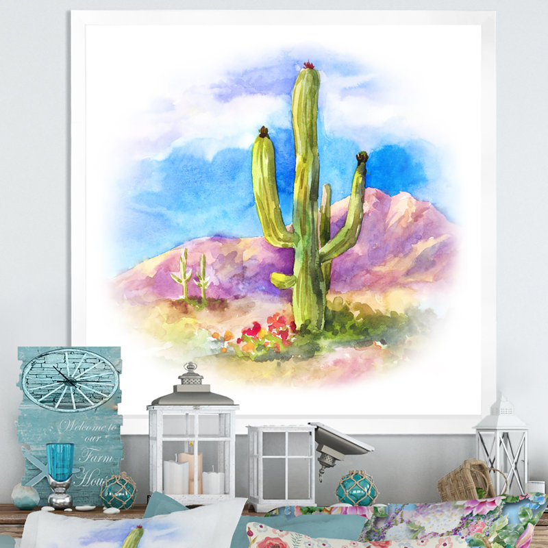 Cactus carnegiea dans le dessert - on, Toile blanche avec cadre photo, H 30 po x l 30 po x P 1 po