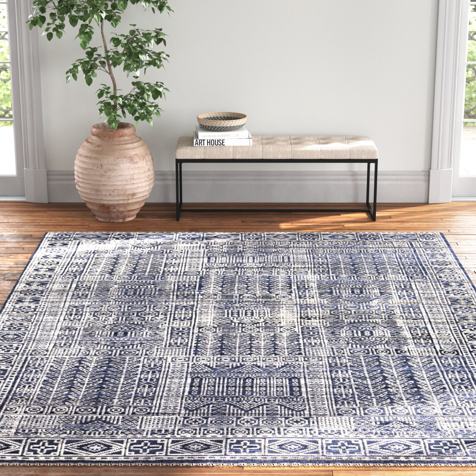 Indrakumar Dark Blue Hand-Knotted Rug, Rectangle 10' x 14'