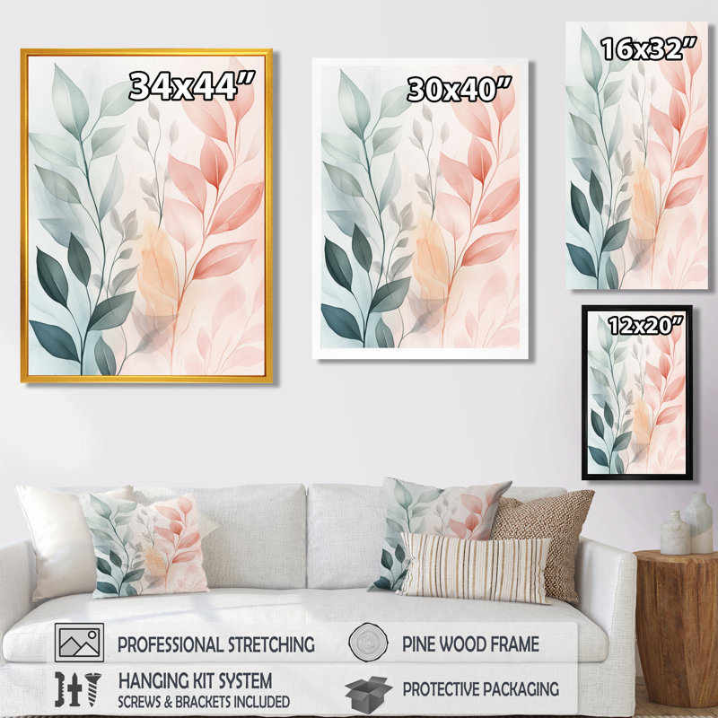 Feuilles roses, vertes et roses poudrées - Décoration murale encadrée, H 32 po x l 24 po, Cadre photo noir
