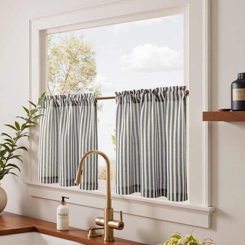 Linen Rod Pocket  Light Filtering Striped Kitchen Cafe Curtains Curtains, 26" W x 24" L, Black/Beige