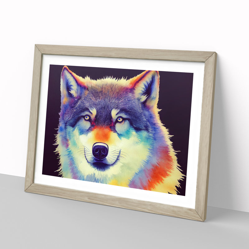 XH1022-10279X Wolf Watercolour Vol.1 1 Piece Single Picture Frame Painting, 46cm H x 64cm W x 2cm D, Oak Framed