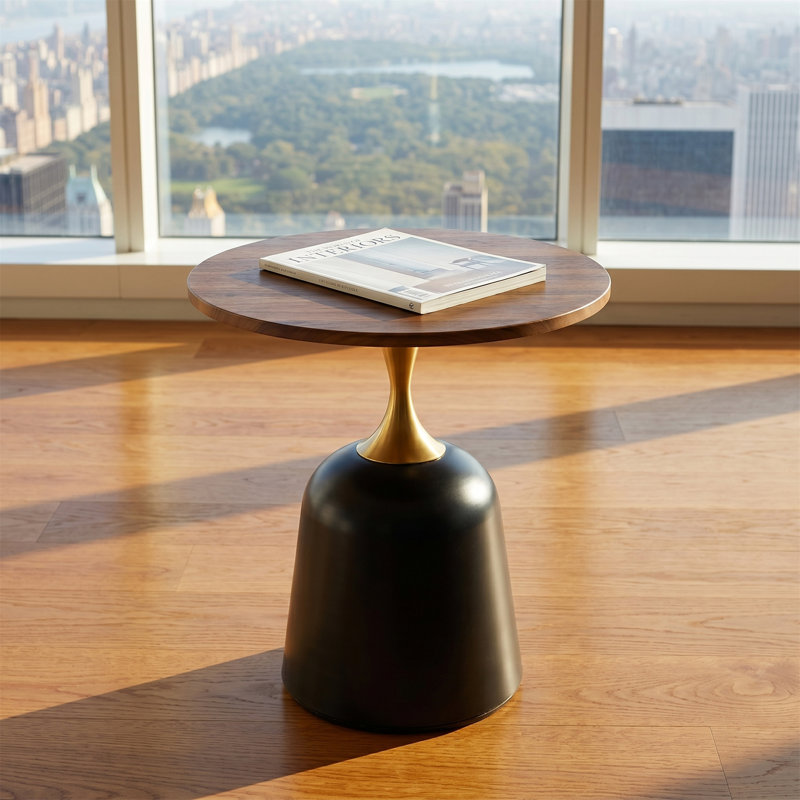 Table basse ronde de 23,6 po, table d'appoint à base en métal, bureau à dossier rond unique, Noyer