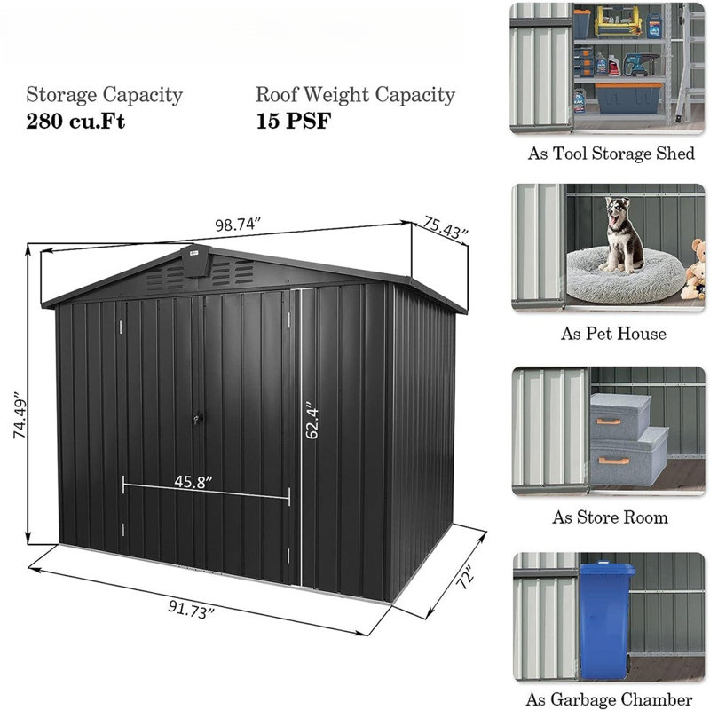 Metal Storage Shed, 74.49" H x 98.74" W x 75.43" D