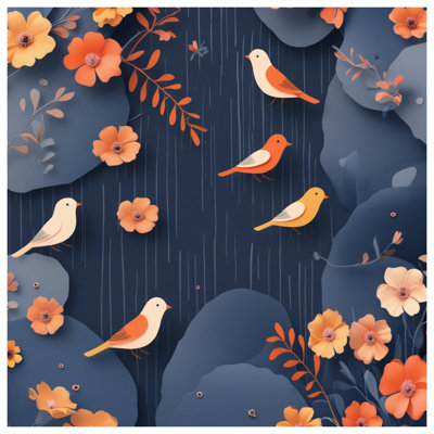 Tapis de bain oiseaux et fleurs orange