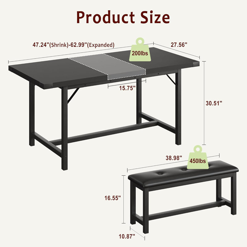 63" Dining Table Set for 4-6, Large Extendable Kitchen Table Set with 2 Upholstered Benches for 6, 3 Piece Rectangle Dining Table Set for 4 for Apartment, Saving Space