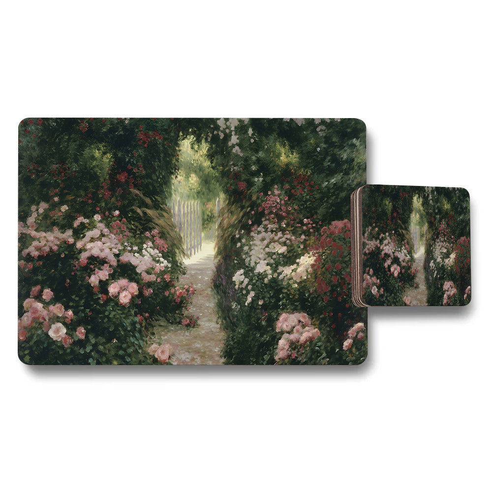 Floral Garden Path Placemats and Coaster Set With Roses