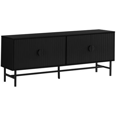 Meuble télé 60 po avec portes côtelées noires, centre multimédia pour le salon, stratifié et support en métal moderne, 60 po, rangement et chambre à coucher