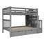 Lit superposé double gris avec tablettes, escalier à quatre marches et garde-corps gris, lit, rangement spacieux pour la literie, flexibilité de la pièce divisible-1876603157
