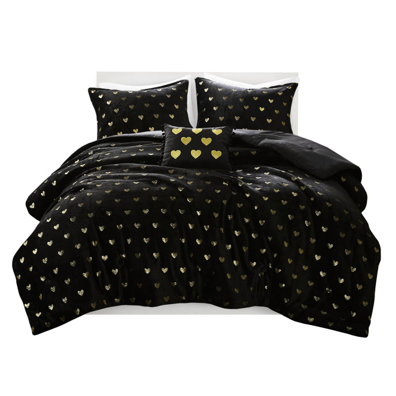 Édredon pour lit simple / simple TG avec 2 taies décoratives et coussin décoratif, noir / or, rembourrage, - 1 taie décorative imprimée, rembourrée, lavable à la machine