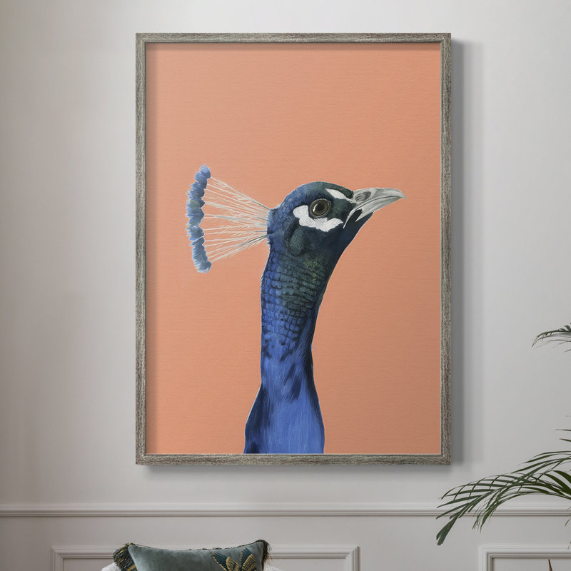 «Peach Peacock Portrait I», reproduction encadrée - bois massif, H 15 po x l 12 po
