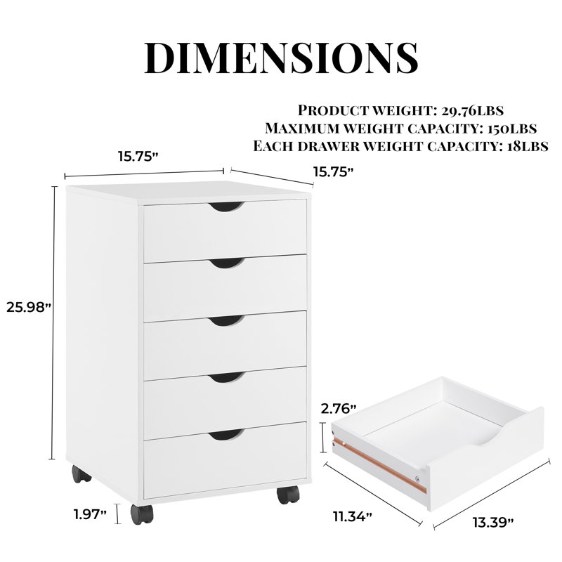 5-Drawer Storage Cabinet with Wheels for Home Office Organization, Under Desk Filing Cabinet for Files, Stationery & Accessories – Mobile Cabinet for Bedroom, Living Room or Study