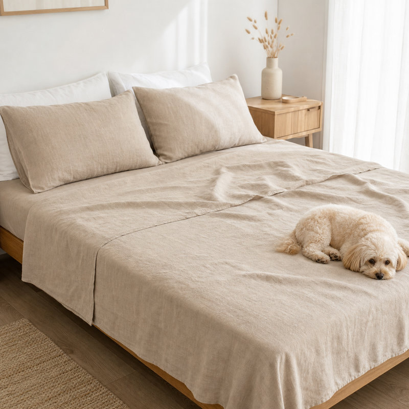 Ensemble de draps 100% lin français 4 pièces, Beige, Ensemble de draps pour lit double avec 2 taies d'o