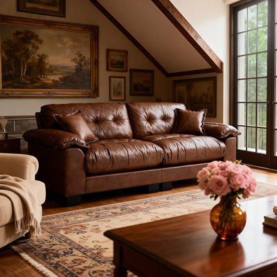 91.5" Vintage Brown PU Leather Sofa - Tufted Design & Included Accent Pillows