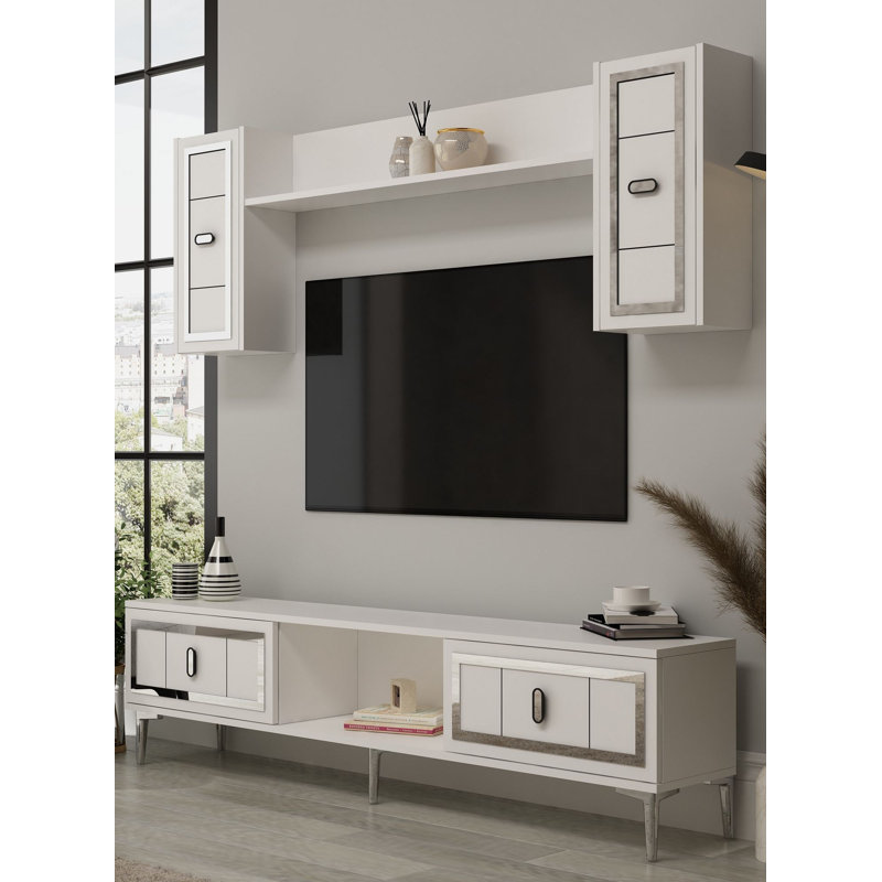 Ensemble de meuble télé moderne avec tablette murale 59,1 po x 17,6 po x 11,6 po | 100% panneau de particules enduit de mélamine, épaisseur: 0,7 pouce | Comprend de nombreuses tablettes et une conception murale pour un salon élégant