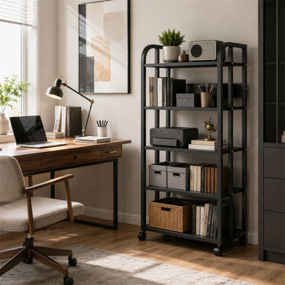5-Tier AV Media Stand with Wheels, Audio Tower Rack with Adjustable Shelves Stereo Rack for Home Office Theater Black