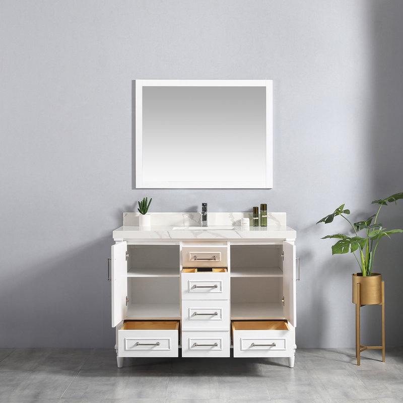 Ensemble de meuble-lavabo simple 42 po Flavell, Calacatta, bordure droite, Blanc