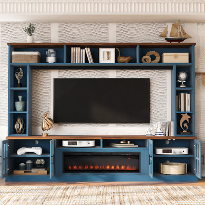 95.5" W Wall Unit Entertainment Center With Bookshelves For Tvs Up To 80", Modern TV Stand Media Console With Electric Fireplace  Cabinets,  And Adjustable Shelves For Living Room