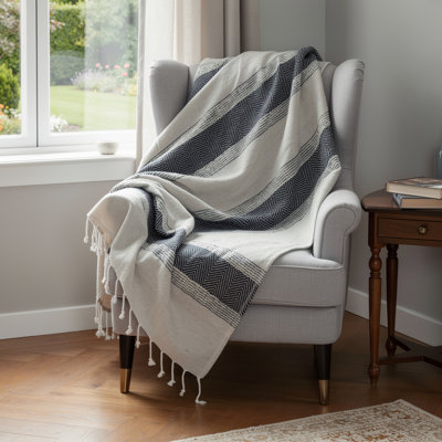 50" X 60" Blue And Ivory Cotton Woven Striped Throw Blanket with Fringe