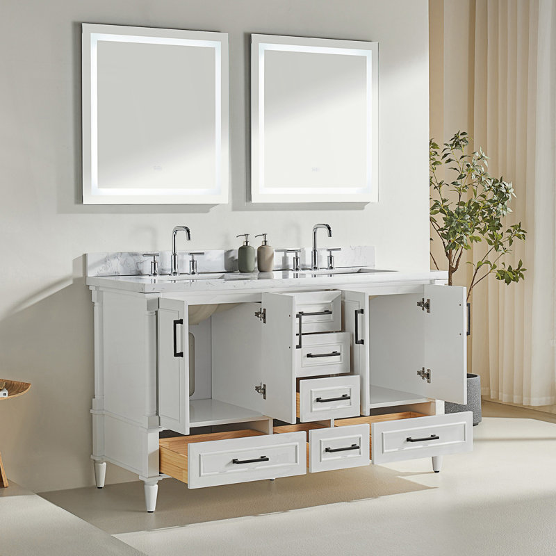 Ensemble de meuble-lavabo double autoportant avec 2 poignées