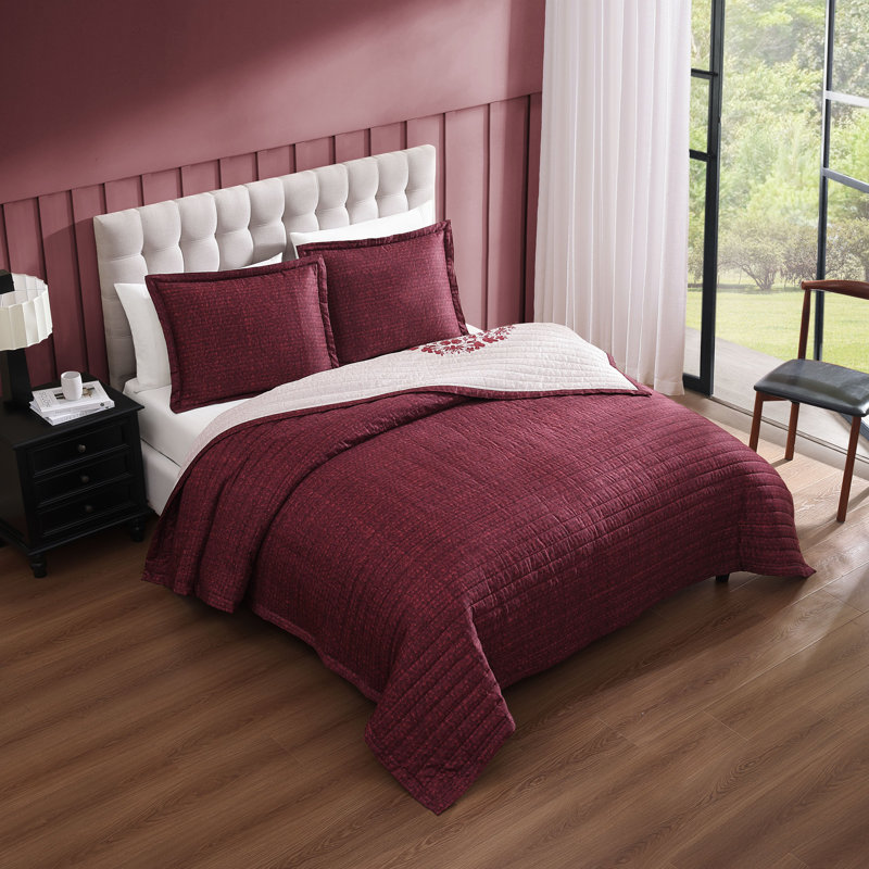 Full Red Cotton Reversible Bedspread Set