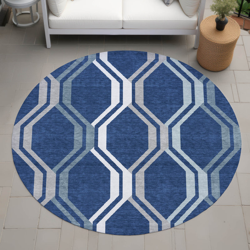 Tapis mid-century moderne lavable à la machine intérieur / extérieur Hashlamoun ACN2326, Rond 8 pi