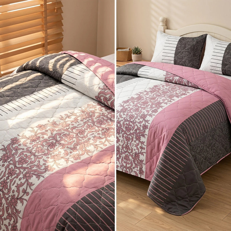 Ensemble de couvre-lit réversible 3 pièces en microfibre damassée gris anthracite et rose poudré avec 2 taies d'oreiller