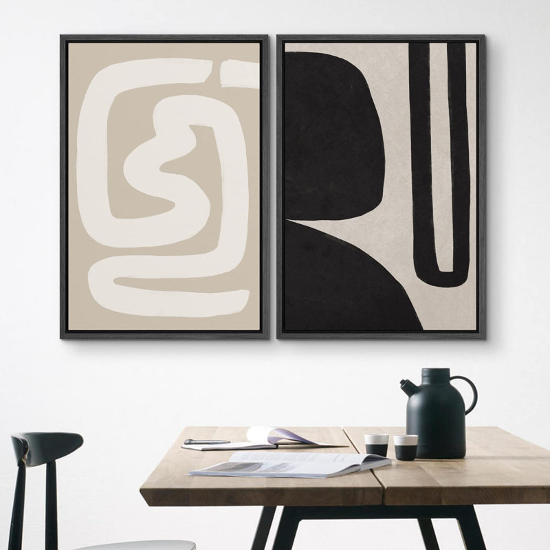 Noir et blanc, personnages du milieu du siècle, art géométrique abstrait, art mural Relax Calm 2 pièces, Noir