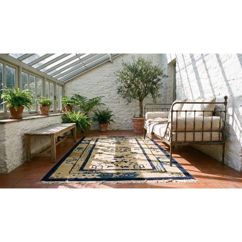 Antique Peking Small Scatter Size Wool Blue Navy, Ivory Beige Cream White Rug